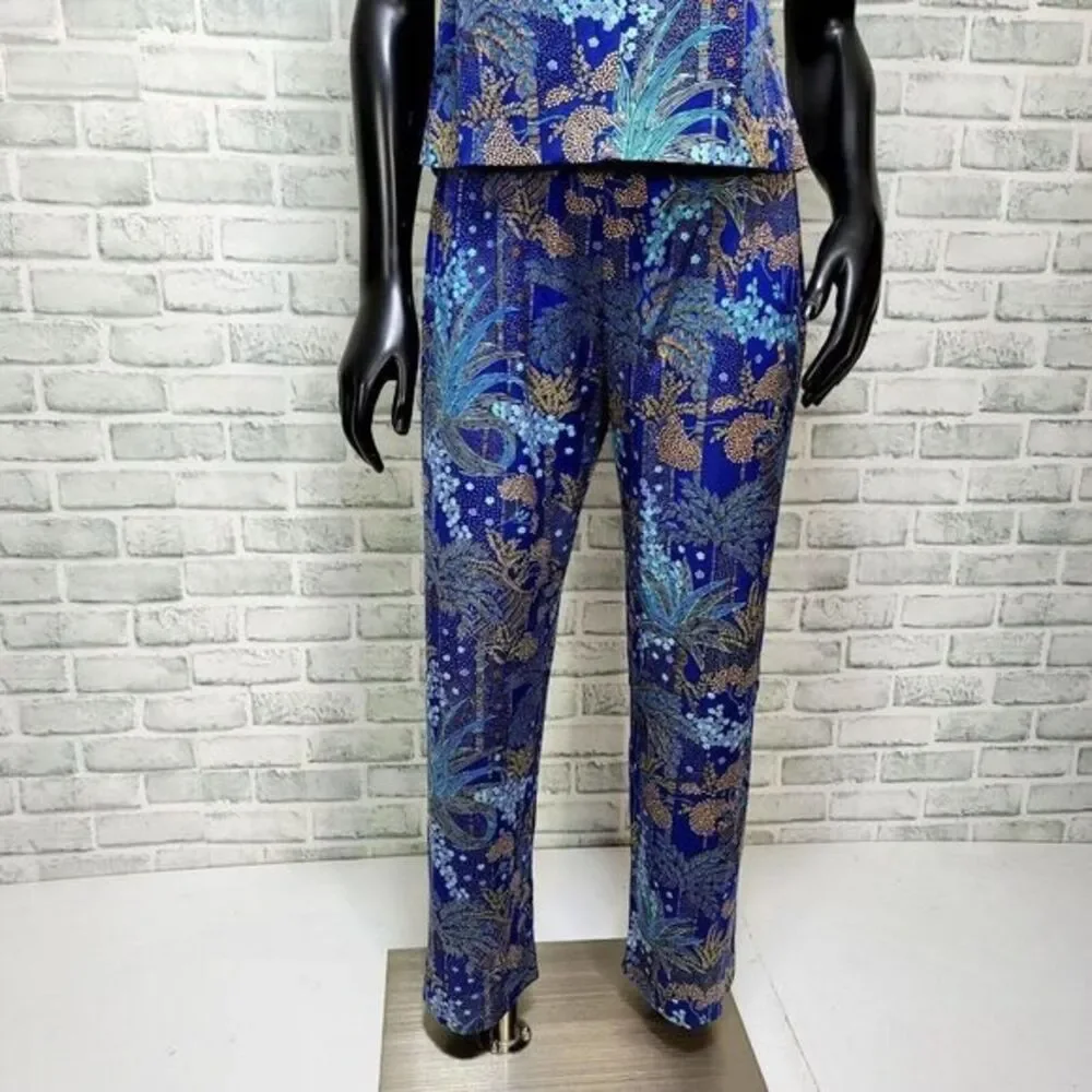 Vintage 70s Blue Tropical‎ Print Pant Set Womens M Lounge Resort Mod 2 Piece
